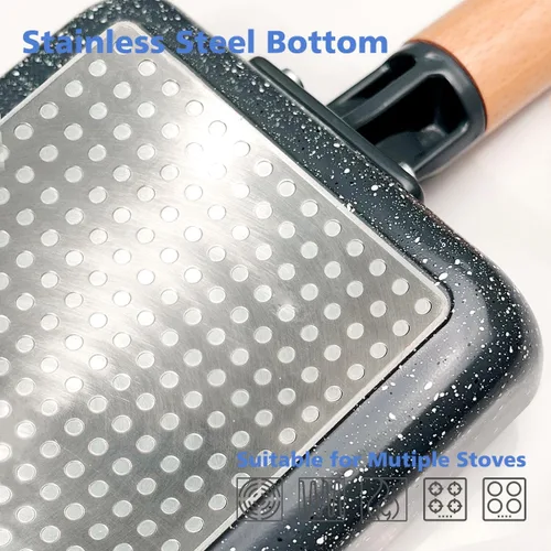 Vista 5 de Sartén cuadrada con revestimiento cerámico japonés Tamagoyaki para tortilla, pequeña sartén rectangular antiadherente con asa de madera (Gris oscuro)