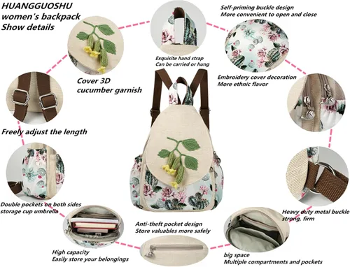 Vista 17 de HUANGGUOSHU Mochila de algodón tejida de algodón bohemio con bordado de lona estilo bohemio con múltiples bolsillos retro linda mochila cartera