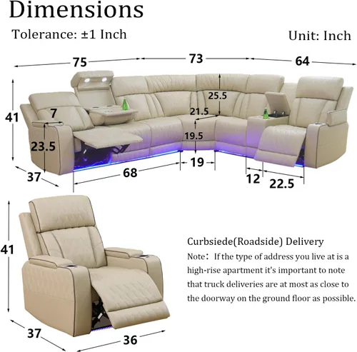 Vista 2 de Juego de sofá modular reclinable eléctrico con luz LED, juego de sofá modular reclinable de cuero, incluye sillón reclinable individual, juego
