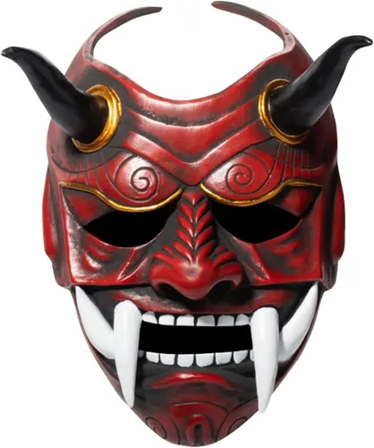 Vista 10 de HTLNUZD Máscara completa de látex de Halloween, máscara de cosplay japonesa para PrajnaHeadgear Samurai Evil KabukiHannya Party Mask Decora Negro
