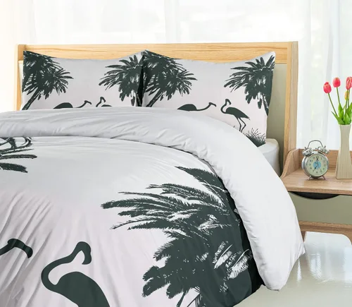 Vista 4 de Ambesonne Juego de funda de edredón natural, pájaros flamencos y palmeras en Miami, exóticos paisajes naturales tropicales, juego de ropa de cama