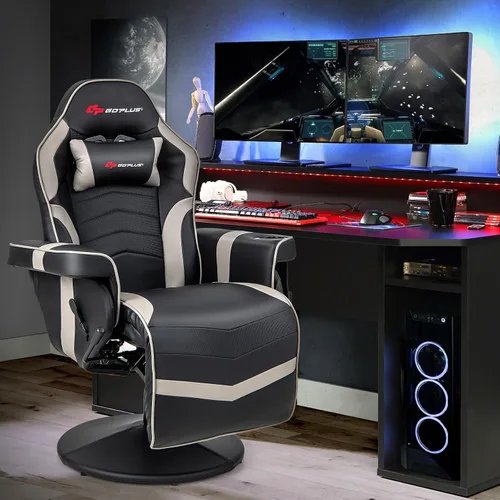 Vista 9 de Goplus - Silla gamer con masaje, altura ajustable, para videojuegos, con reposapiés retráctil, soporte para tazas, reposacabezas, silla giratoria