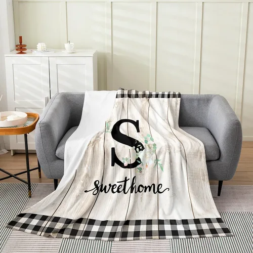 Vista 19 de Erosebridal Manta de franela de letras iniciales B, manta de vellón con letras ABC, 40 x 50 pulgadas, decoración rústica de granja, manta de felpa