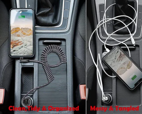 Vista 5 de Cable USB-A a Lightning en espiral de 90° (negro cebra) – trenzado, carga rápida, cable de carga de coche en ángulo recto, estiramiento de 2 a 8