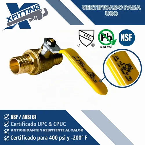 Vista 6 de XFITTING Pex Barb - Válvula de bola de 1 pulgada, mango amarillo, latón