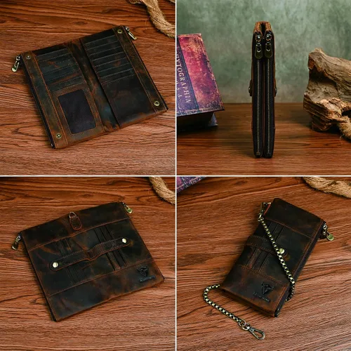 Vista 13 de Genuino Caballo Loco Cuero Regalo de Viaje Moneda Bolsillo Tarjetero Organizador Largo Cadena Rfid Cartera Monedero Con Broche Para Hombres Hombres