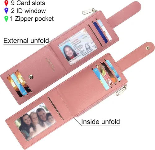 Vista 4 de OIDERY Cartera con tarjetero RFID para mujer, delgada, plegable, con cremallera, organizador de tarjetas, carteras con caja de regalo, Rosado