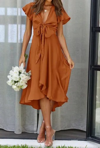 Vista 8 de ZESICA Vestido de fiesta de cóctel para mujer, sexy, de satén, cuello en V, manga corta, con volantes en la parte delantera, acampanado, con vuelo