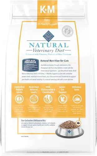 Vista 2 de Blue Buffalo Natural Veterinary Diet K+M Kidney + Mobility Support Alimento seco para gatos, pollo bolsa de 7 libras