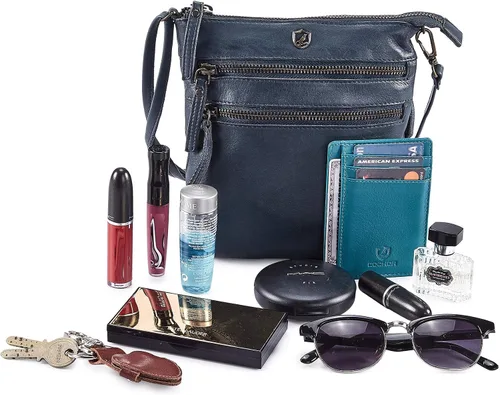 Vista 7 de COCHOA Bolso cruzado pequeño de cuero real con triple cremallera para mujer, bolso cruzado vintage de primera calidad