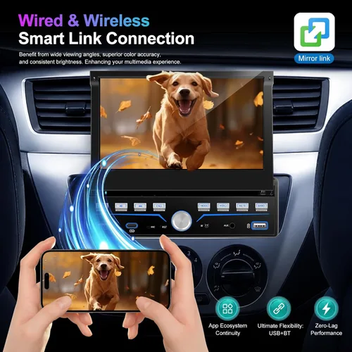 Vista 7 de Estéreo de Coche Individual DIN Apple Carplay y Android Auto 1 DIN 7 Pulgadas Pantalla Táctil Abatible Radio de Coche con Bluetooth y Micrófono