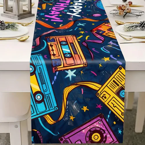 Vista 5 de JCJT Camino de mesa retro de cumpleaños, diseño de cassette neón de los años 80 y 90, poliéster, azul marino, rosa, amarillo, 70.86 x 13.78