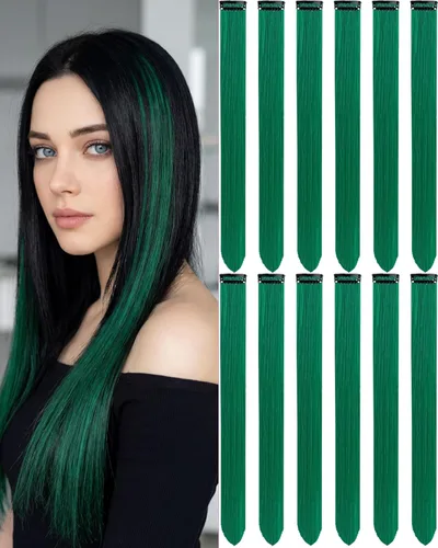 Vista 12 de 12 extensiones de cabello negro con clip, extensiones de cabello de color de 22 pulgadas, extensiones de cabello sintético largo y lacio para mujer