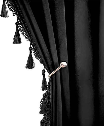 Vista 12 de Fazhesici Cortinas opacas de terciopelo negro de 63 pulgadas de largo para ventanas, cortinas con bolsillo para barra con borlas, cortinas térmicas