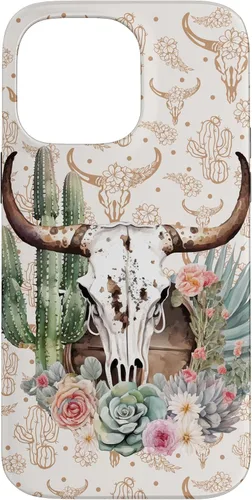 Vista 21 de Western Boho Chic Longhorn Bull Skull Cactus Beige Pattern Case for iPhone 17