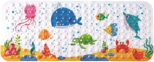 Vista 9 de Tapete de baño para bebé para niños, tapete antideslizante sin BPA para niños, tapete de dibujos animados antideslizante con ventosas y agujeros