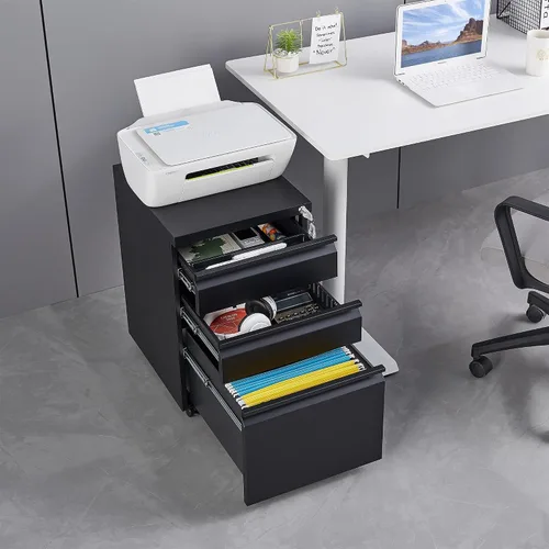 Vista 5 de Archivador móvil de metal, archivador de 3 cajones con cerradura y ruedas para oficina en casa, tamaño carta A4, gabinete de almacenamiento con Negro