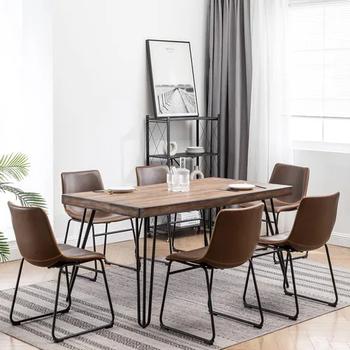 Vista 11 de Roundhill Furniture Aryven - Juego de comedor industrial de 7 piezas con mesa rústica de pino oscuro y 6 sillas de piel sintética, color gris
