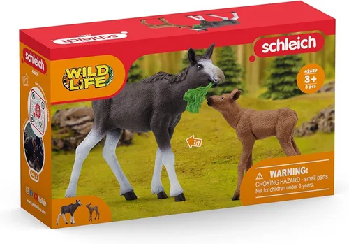 Vista 5 de Schleich Wild Life - Juego de juguetes de animales del bosque de América del Norte con alce natural realista y ternero, regalo para niños pequeños