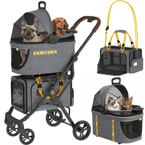 Vista 11 de PAWZIDEA Carriola doble para mascotas con 2 portamascotas desmontables, jaula portátil para perros para viajes en automóvil y porta gatos expandible