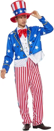 Vista 7 de ReneeCho Conjunto de disfraz de tío Sam para hombre, traje para adultos, 4 de julio, Día de la Independencia americana, vestido de fiesta patriótica