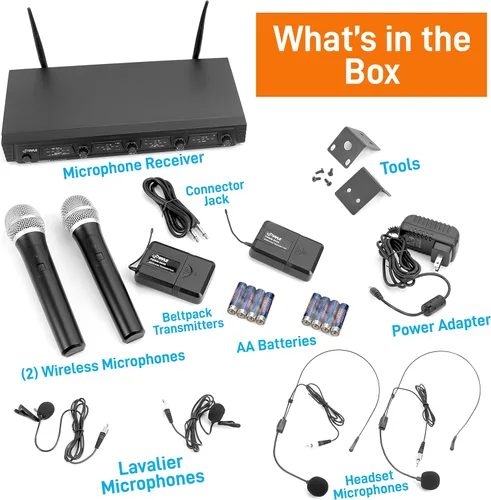 Vista 7 de Pyle Sistema de micrófono inalámbrico de 4 canales, juego de micrófono de audio UHF portátil con 2 de mano, 2 auriculares, 2 micrófonos Lavalier, 2