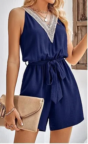 Vista 3 de Enterizo de verano para mujer, cuello en V, para playa, casual, sin mangas, a la moda, lindo overol para mujer