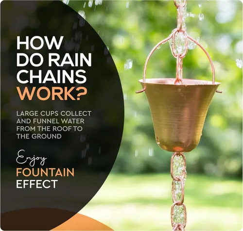 Vista 7 de Cadena de lluvia de cobre – Campanas decorativas y tazas reemplazan la canaleta y desvían el agua lejos de casa para una impresionante exhibición