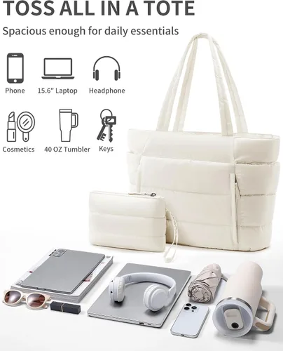Vista 7 de Bolsa Tote Acolchada para Mujeres, Bolsa de Mano de Trabajo Ligera y Esponjosa para Maestras y Enfermeras, Bolsa de Hombro Acolchada para Escuela