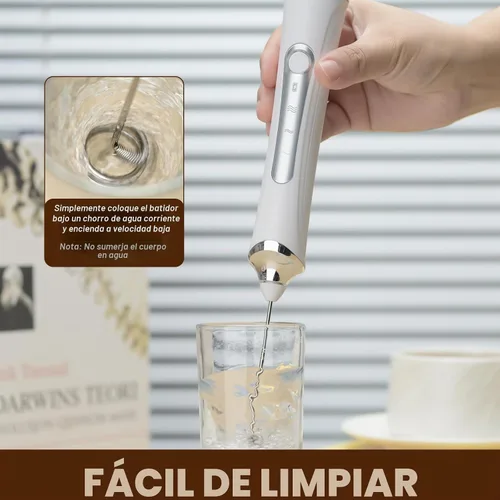 Vista 6 de Espumador de leche manual eléctrico con 2 cabezas, batidor de café con espuma USB recargable de 3 velocidades, licuadora de espuma para café