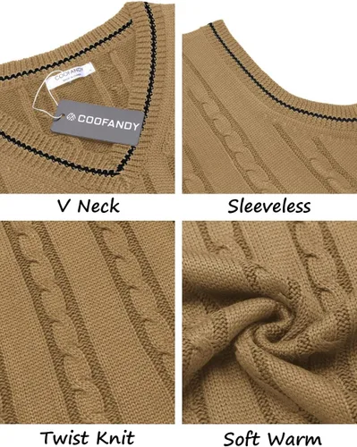 Vista 5 de COOFANDY Suéter para hombre, cuello en V, ajustado, casual, sin mangas, tejido trenzado