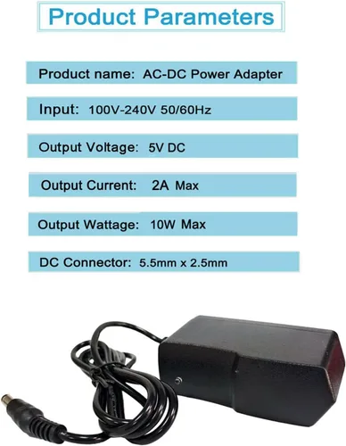Vista 2 de Adaptador de fuente de alimentación de 5V 2A DC 10W AC/DC Adaptador de enchufe de pared 100V-240V AC a DC 5 voltios 2Amp 1Amp Cable de alimentación