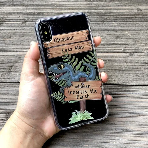 Vista 4 de Figment & Fable Funda de TPU transparente para iPhone 15 Pro Max 14 13 12 Mini 11 SE 6 7 8 Plus Dinosaurio Eats Man