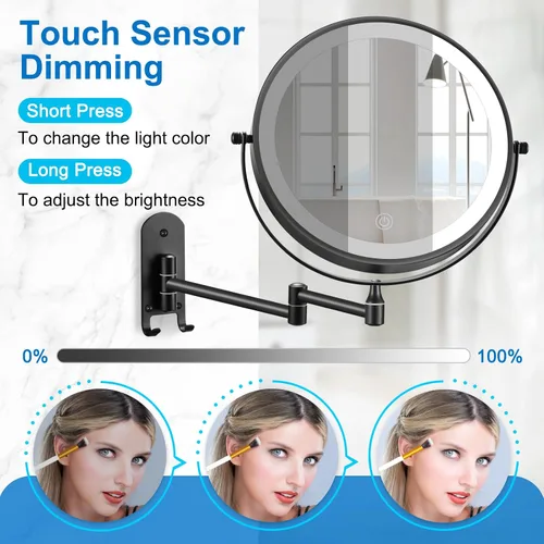 Vista 6 de Espejo de maquillaje iluminado recargable de 9 pulgadas, espejo de aumento de doble cara 1X/10X con 3 luces de color regulables, espejo de baño