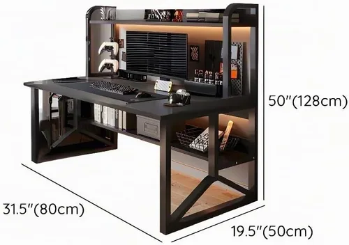 Vista 2 de LITFAD Escritorio rectangular de madera para oficina, moderno escritorio para computadora con marco de metal y estantería para oficina en casa, 1