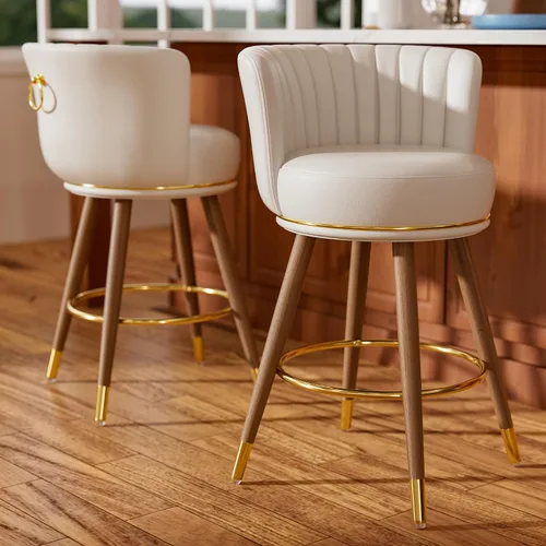 Vista 14 de SeekFancy - Juego de 2 taburetes de bar giratorios de cuero negro de 24 pulgadas Upholstered pleated backs, wood legs, gold footrests, 300lbs