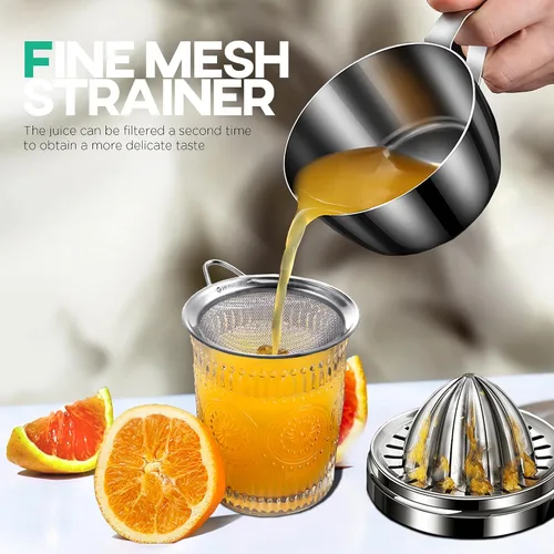 Vista 4 de Homestia Exprimidor manual de cítricos de acero inoxidable – Exprimidor de toronja de naranja limón con 2 conos desmontables, cuenco de 14 onzas
