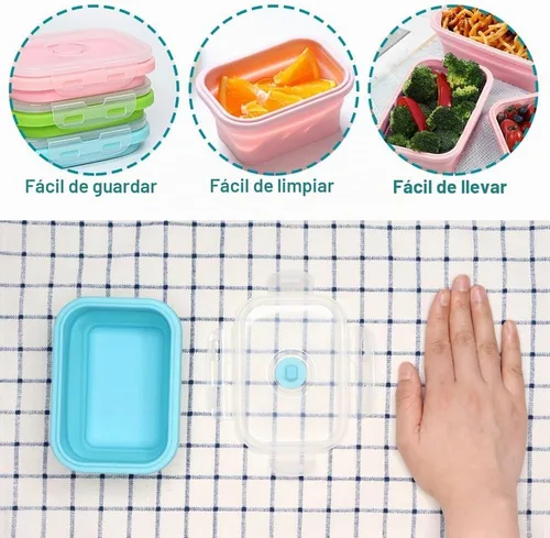 Vista 5 de Alimat PluS 11.8oz Juego de 3 Contenedores de Almacenamiento de Alimentos de Silicona Plegables con Tapas, Tamaño Pequeño, 350ml Contenedores