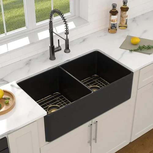 Vista 3 de Dcolora Fregadero de porcelana de cerámica negra de 33 pulgadas, fregadero de cocina frontal con delantal de arcilla refractaria con accesorios