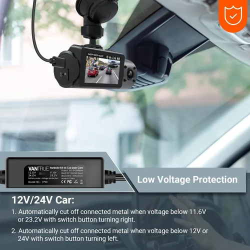 Vista 3 de Kit de cable duro USB-C Vantrue de 11.5 pies (12V–24V a 5V) con funcionalidad de accesorio, protección de bajo voltaje para N4(S)/N4