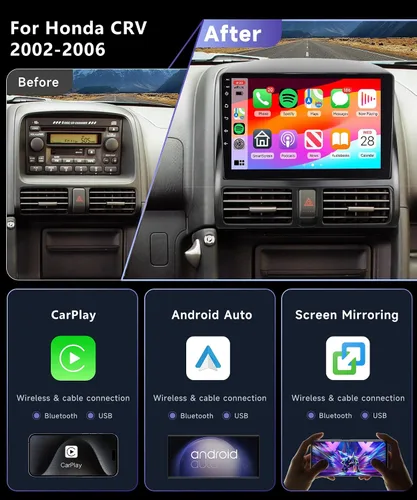 Vista 2 de 【Puerto tipo C y USB】 Radio de coche 8Core 4G 64G para Honda CRV 2002-2006 Stereo with 9inch 1280*720P Touchscreen/Bluetooth/Wireless