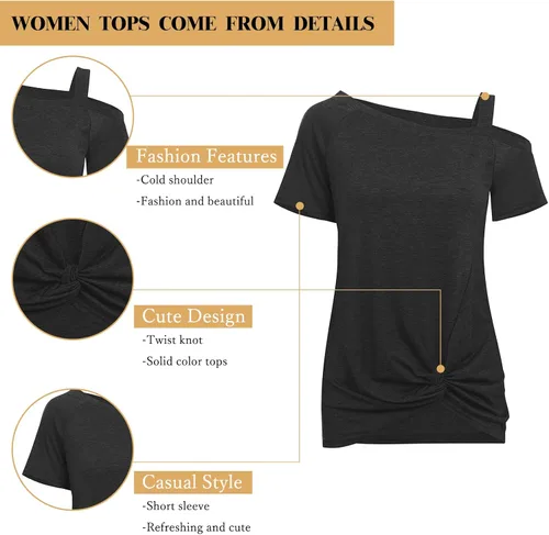 Vista 5 de Temofon - Camisetas de mujer, sin hombros, camiseta de verano informal, de manga corta, con diseño de nudo trasero y hombros desnudos, tallas S a 2XL