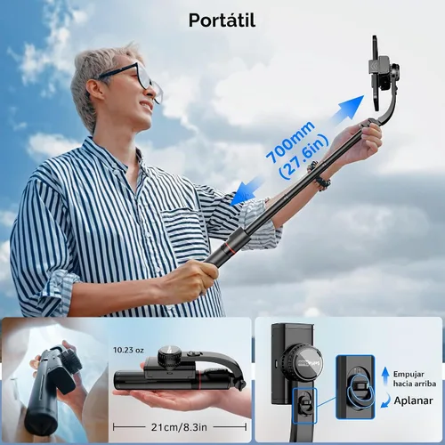 Vista 6 de Estabilizador de cardán para smartphone con control remoto, palo de selfie trípode extensible de aluminio, rotación automática de 360°, equilibrio