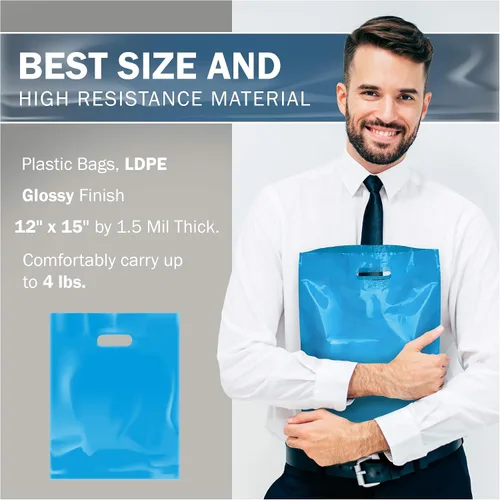 Vista 3 de PPB - Bolsas de plástico azul de 12 x 15 pulgadas, acabado brillante, tamaño mediano al por menor, paquete de 100 unidades, 1.5 mil de grosor