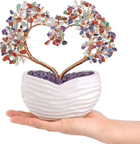 Vista 8 de GEHECRST Árbol de cristal de curación de 7 chakras en forma de corazón, cristal de piedra preciosa, bonsái del árbol del dinero, ornamento