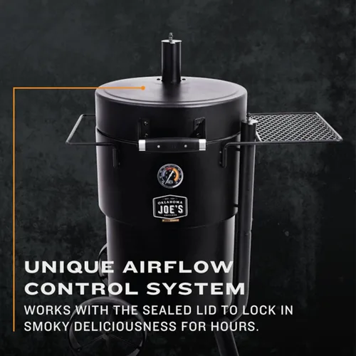 Vista 6 de Char-Broil Oklahoma Joes Bronco - Ahumador de tambor de barril con acero recubierto de porcelana, canal de entrada de aire y superficie de cocción