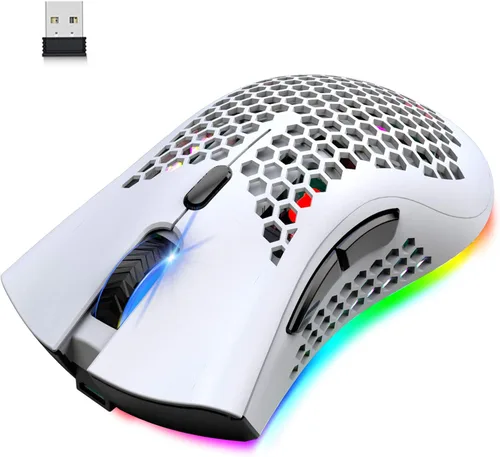 Vista 8 de Ratón inalámbrico ligero para juegos con 7 botones, retroiluminación RGB múltiple, carcasa ergonómica perforada, sensor óptico ajustable, DPI