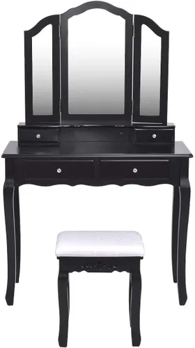 Vista 3 de Casart Tri Espejo Plegable Baño Vanidad Maquillaje Mesa Taburete Set Muebles para el Hogar con 4 Caj
