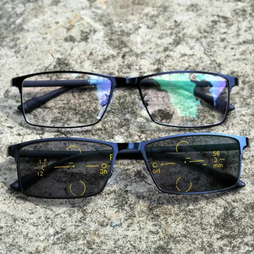 Vista 8 de Gafas de lectura con marco de metal de enfoque múltiple fotocromático progresivo para hombre de moda