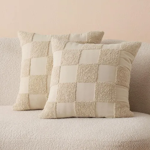 Vista 11 de Fundas de almohada de doble puntada 100 % algodón, fundas de almohada decorativas bohemias a cuadros con mechones de 20 x 20 pulgadas, hechas